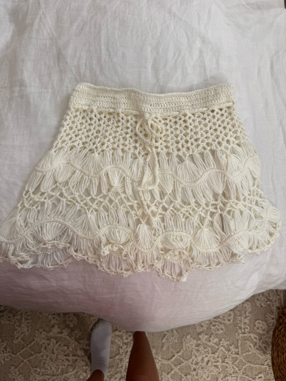 Cream Crochet Fringe Mini Skirt